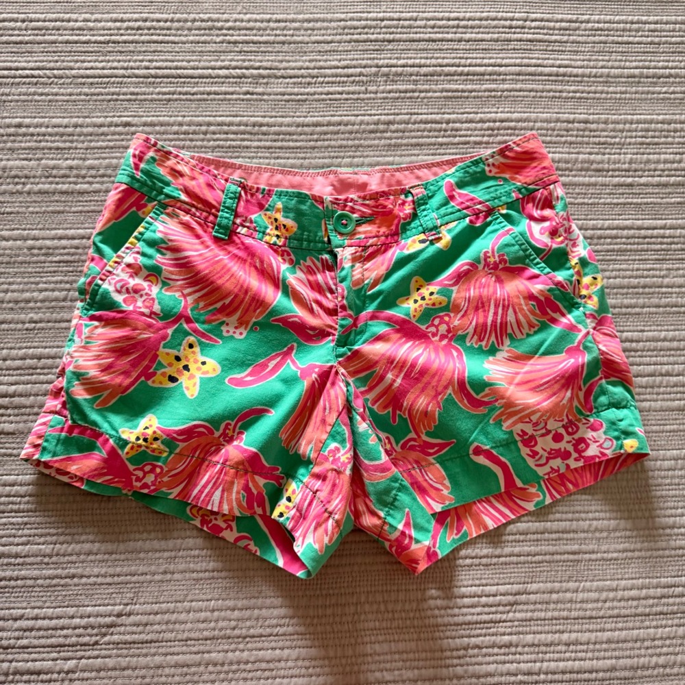 Lilly Pulitzer Callahan Womens Green Pink Floral Starfish Tropical Shorts Size 2